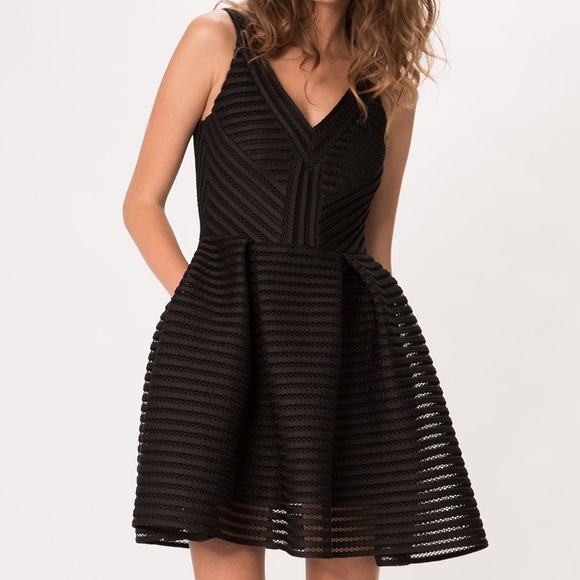Black Striped Mesh Fit and Flare Dress - Picture 1 of 6